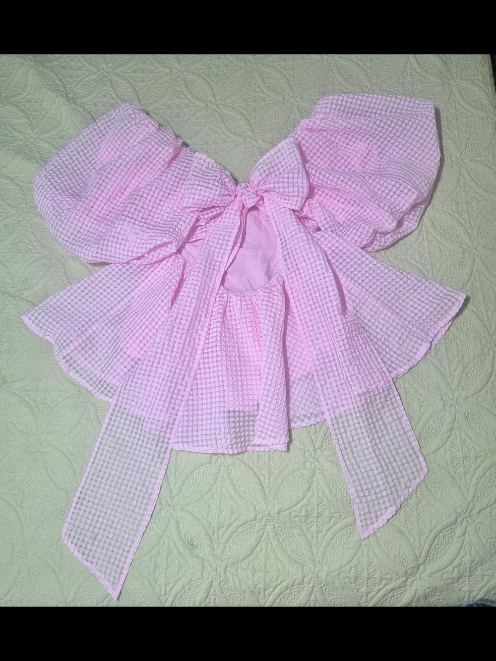 Mable Pink Puff Sleeve Bow Back Textured Peplum Blouse Top Size M